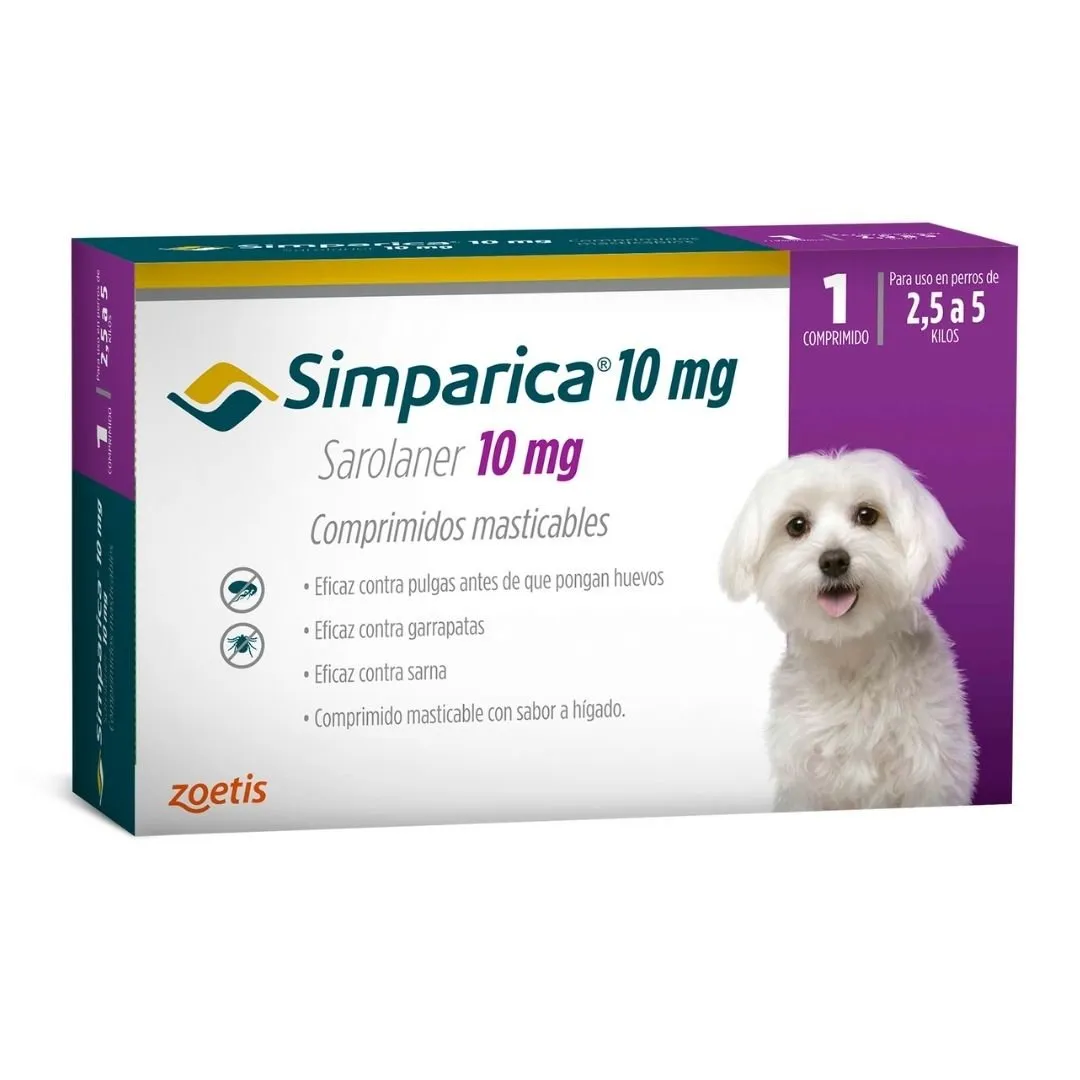 Simparica · 10 mg · 2.5–5 kg — caja (3 tabletas) Simparica 10 mg · 2.5–5 kg — caja (3 tabletas) — tableta masticable antipulgas y garrapatas para perro
